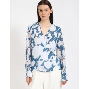 Calvin Klein Womens Floral Chiffon V-Neck Wrap Blouse/Shirt Blue Poseidon XL NWT